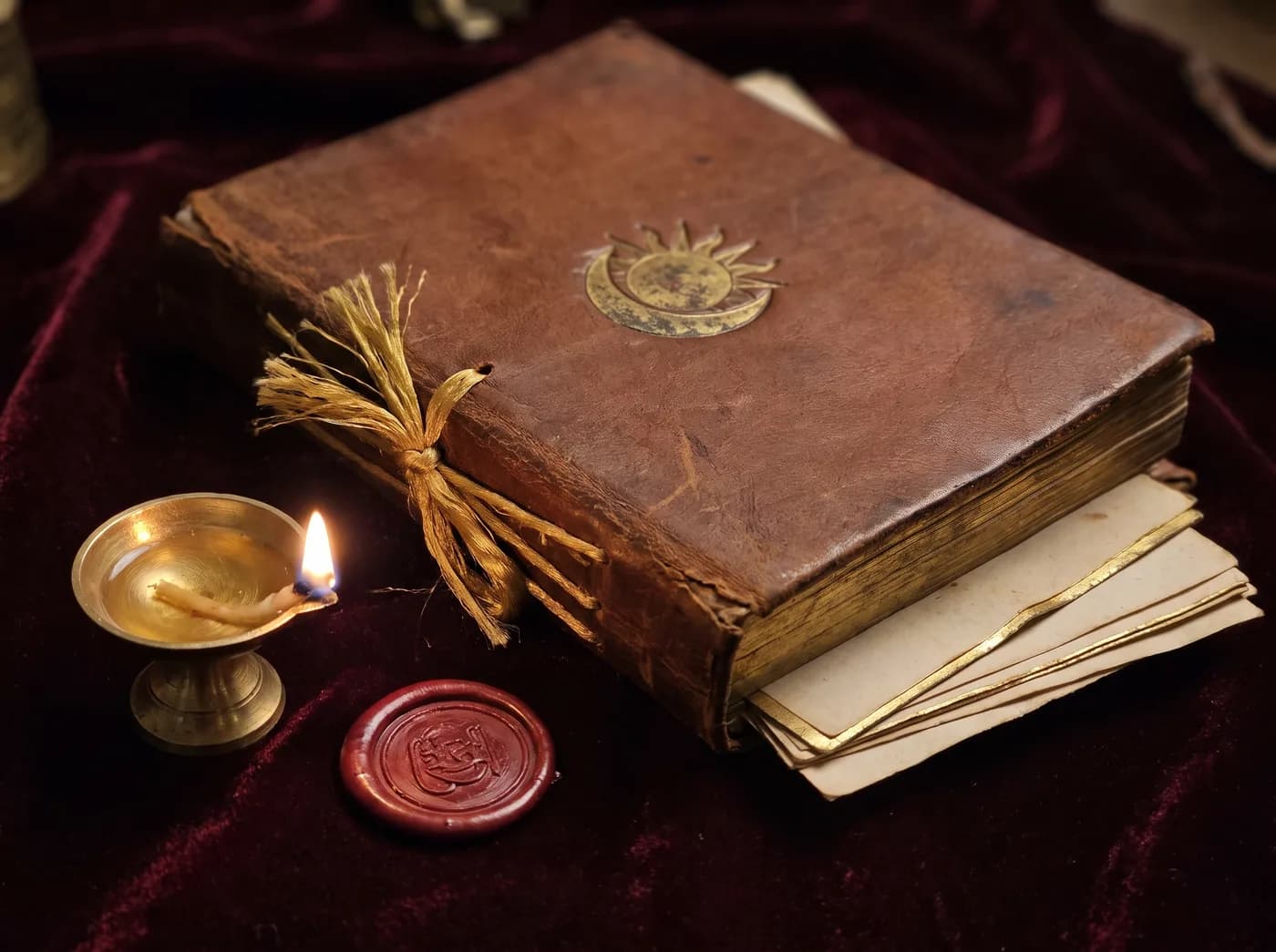 An heirloom family document folio bound in gold thread, beside a lit brass diya and a wax seal