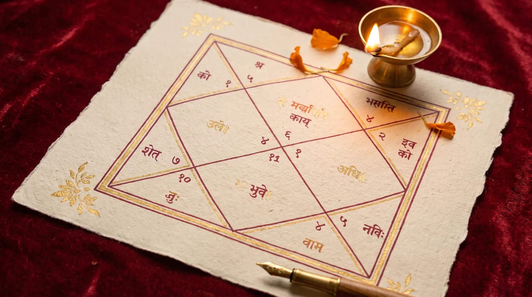 A hand-illuminated janma patra birth chart in gold and madder ink on handmade paper, beside a lit brass diya