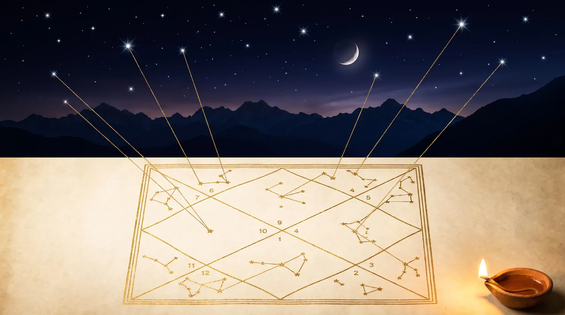 A night sky over mountains, its stars mapped by fine gold lines down onto a hand-drawn birth chart on parchment